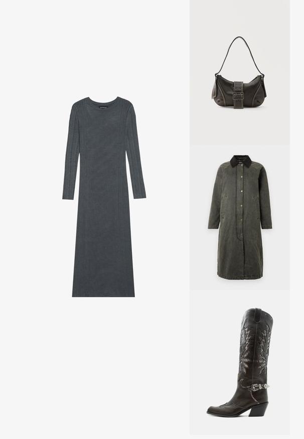 Lang olivengrøn denimfrakke med en sort kordfløjlskrave, knaplukning foran, to sidelommer og en let oversized silhuet.; Langærmet, mørkegråt kjole lavet af blødt strikmateriale. Har teksturerede lodrette striber langs ærmerne og kroppen. Rund halsudskæring.; Sort læder cowboystøvle med dekorative udskæringer, sølvspænde og skrå hæl, vist på hvid baggrund.; Sort læder skuldertaske med spænde på remmen, afrundede kanter og kontrasterende hvide syninger på en ensfarvet baggrund.
