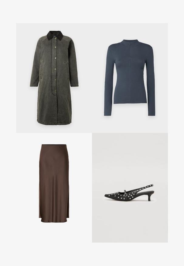 Langer olivgrüner Denim-Mantel mit einem schwarzen Cordkragen, Druckknopfverschluss, zwei seitlichen Taschen und einer leicht oversized Silhouette.; Dunkelgrau geripptes Langarmoberteil mit Stehkragen und kurzem Frontreißverschluss, taillierte Silhouette, präsentiert auf weißem Hintergrund.; Brauer Satinrock mit geradem Schnitt, der seitliche Schlitze für Bewegungsfreiheit und eine glatte Textur im gesamten Stoff bietet.; Schwarze Slingback-Schuhe mit spitzer Zehenform, verziert mit silbernen Nieten, mit einem niedrigen Absatz und einem Schnallenriemen-Detail.