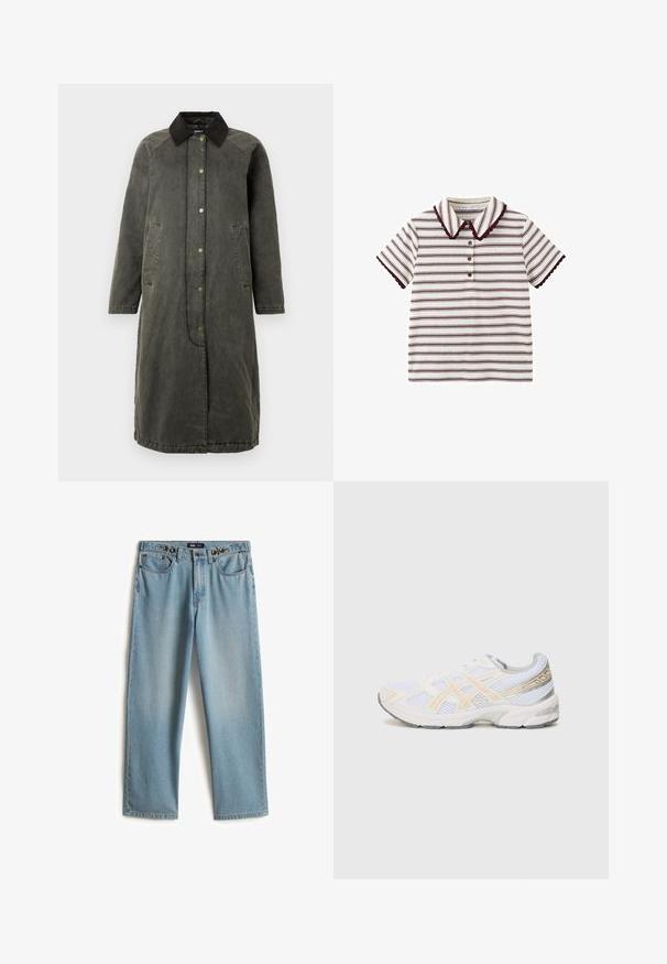 Lang olivengrøn denimfrakke med en sort kordfløjlskrave, knaplukning foran, to sidelommer og en let oversized silhuet.; Hvid poloshirt med korte ærmer med bordeaux vandrette striber, bølgede kanter på krave og ærmer samt tre knapper foran.; Lyseblå denimjeans med et design med lige ben, fem lommer og knaplukning. Falmet effekt og tydelige syninger over det hele.; Hvide sportsko med mesh-materiale, med lys orange og grå accenter, en tekstureret sål og en polstret krave for komfort.