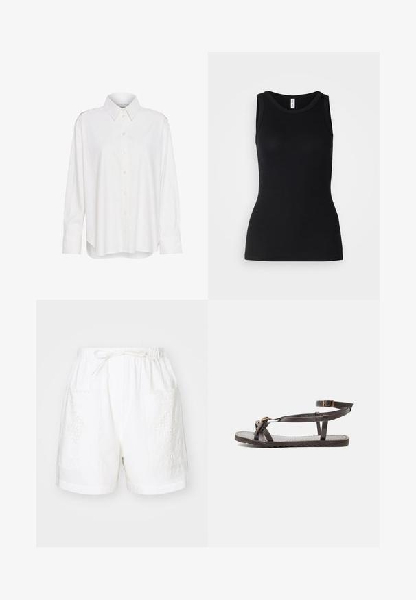 Camisa blanca de botones con cuello, mangas largas, ajuste ligeramente holgado y acentuaciones en los hombros. Fabricada con un tejido ligero y texturizado.; Top sin mangas negro hecho de tela acanalada, con un escote redondo y un diseño ajustado, con una textura suave y sin patrones.; Pantalones cortos de algodón blancos con una cintura elástica, cordón de ajuste y dos bolsillos delanteros que presentan intrincados diseños bordados.; Sandalia plana de cuero marrón oscuro con tiras finas, hebilla en el tobillo y detalles de ojales en tono dorado en la tira de los dedos, presentada sobre fondo blanco.