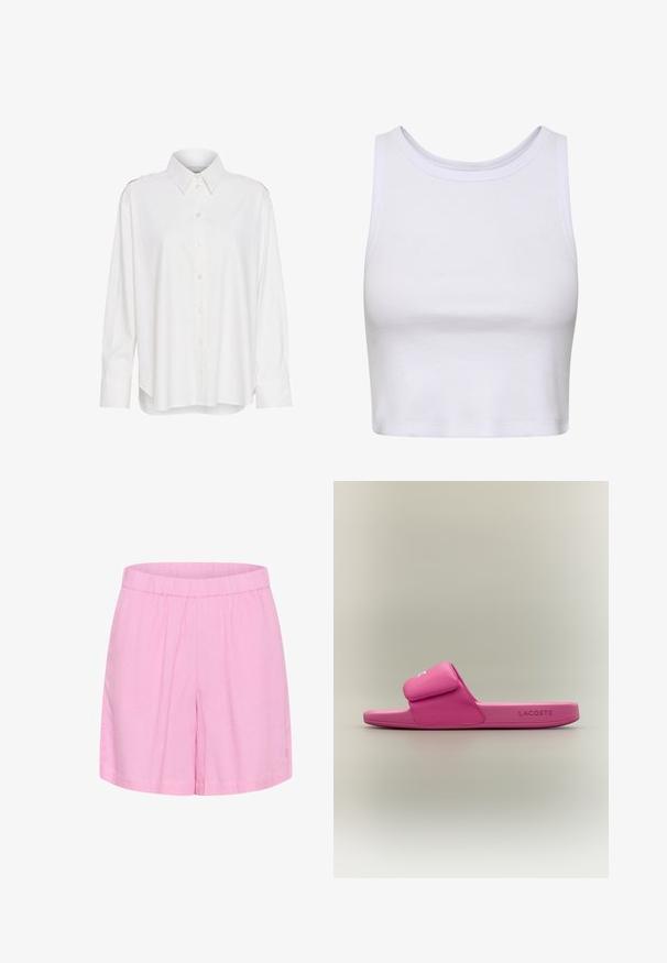 Chemise blanche à col, à manches longues, coupe légèrement ample et accents aux épaules. Fabriquée en tissu léger et texturé.; Crop-top blanc en tissu ribbé, doté d'un col rond et d'une coupe sans manches avec une silhouette ajustée. Pas de motifs ni d'accents.; Shorts en coton rose avec une taille élastique, offrant une coupe décontractée et une texture lisse, adaptés à un usage décontracté.; Sandale slide Lacoste rose avec bride réglable et logo crocodile embossé sur la bride principale, semelle plate, vue de côté sur fond neutre.