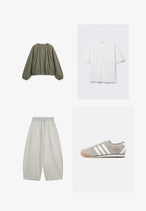 Olivegrüne Langarmjacke mit rundem Ausschnitt, vorne mit Reißverschluss, gerafften Stoffdetails und elastischen Bündchen und Saum.; Weißes übergroßes Kurzarm-T-Shirt aus Baumwolle mit Rundhalsausschnitt und einem kleinen Markenetikett innen am Kragen.; Hellgraue weite Sweatpants mit elastischem Bund und Kordelzug, ausgestattet mit Seitentaschen und entspannter Passform.; Grauer Veloursleder-Sneaker mit drei weißen Streifen, abgerundeter Spitze, Gummisohle in Karamellfarbe und kleinem Markenlogo an der Seite.