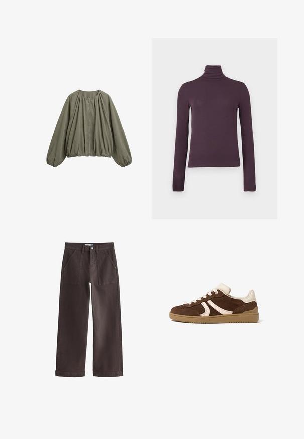 Veste kaki à manches longues avec encolure ronde, fermeture éclair devant, détails froncés et poignets et ourlet élastiqués.; Haut à manches longues avec col roulé en violet profond, fabriqué dans un tissu lisse et ajusté avec une texture côtelée et un col haut.; Pantalon large marron foncé avec poches à rabat à l'avant, passants pour ceinture et fermeture par bouton sur fond blanc.; Baskets en daim brun avec accents crème, lacets blancs et semelle en caoutchouc gomme, vues de profil extérieur sur fond blanc.