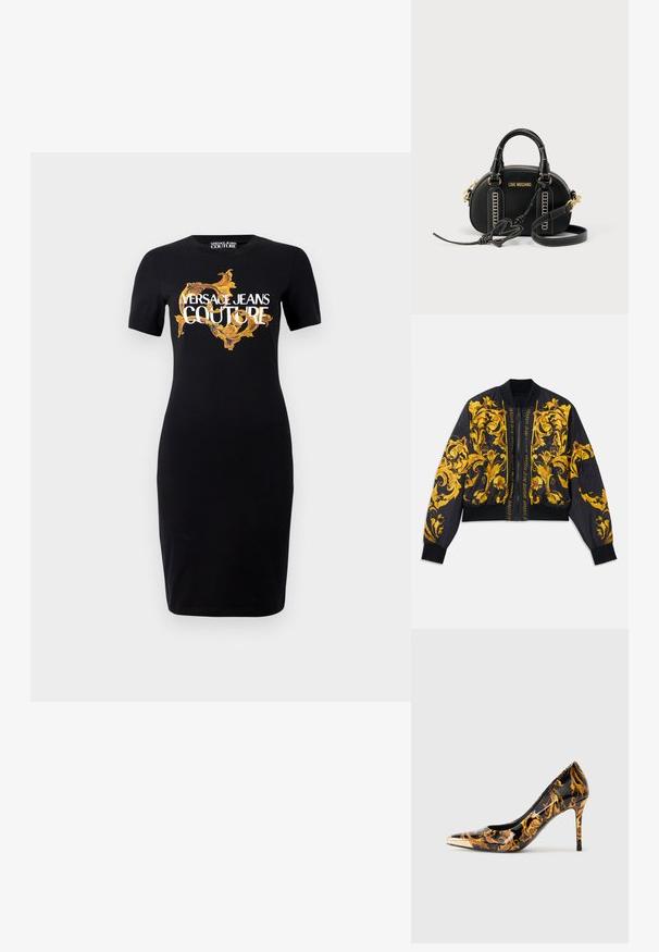 Sort bomberjakke med guld blomstermønster, ribbede manchetter og kant, lynlås lukning og sidelommer. Har logo tekst på forsiden.; Sort tætsiddende kjole med korte ærmer, som har et guld- og hvidt "VERSACE JEANS COUTURE" logo samt detaljerede guldmønstre på forsiden.; Spidse højhælede sko med en glossy sort overflade, prydet med gyldne blomster mønstre og en metallisk guldkappe på tåen.; Sort læderhåndtaske med et struktureret design, guldfarvet hardware og hvide syninger. Inkluderer håndtag øverst og en aftagelig skulderrem.