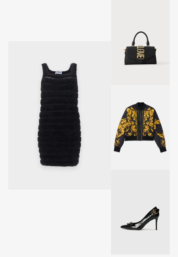 Veste bomber noire avec motif floral doré, poignets et ourlet côtelés, fermeture éclair et poches latérales. Présente un texte de logo sur le devant.; Robe noire cintrée sans manches avec des rayures horizontales texturées et duveteuses et un décolleté carré, étiquetée Moschino.; Chaussure à talon haut en cuir verni noir avec un bout pointu, un détail nœud à l'avant et un accent décoratif en métal doré à l'arrière.; Sac à main noir avec une anse unique, fermoir doré marqué du mot LOVE, et marquage "Love Moschino" sur le rabat avant.