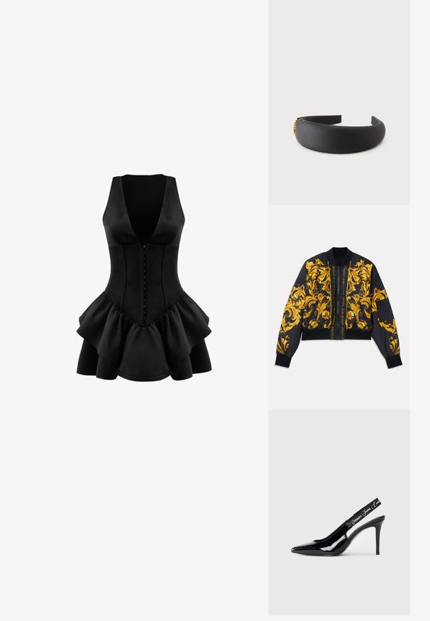 Zwarte bomberjack met gouden bloemenpatroon, ribgebreide mouw- en zoomranden, ritssluiting en zijzakken. Kenmerkt logo-tekst op de voorkant.; OW Collection AUGUSTA - Jerseyjurk - black; Zwarte patenten leren slingback hak met een puntige neus, met een uitsnijding en een elastische band met het merknamen erop.; Zwart gevoerd hoofdbandje met een gladde stofafwerking en een klein decoratief gouden detail aan één kant.