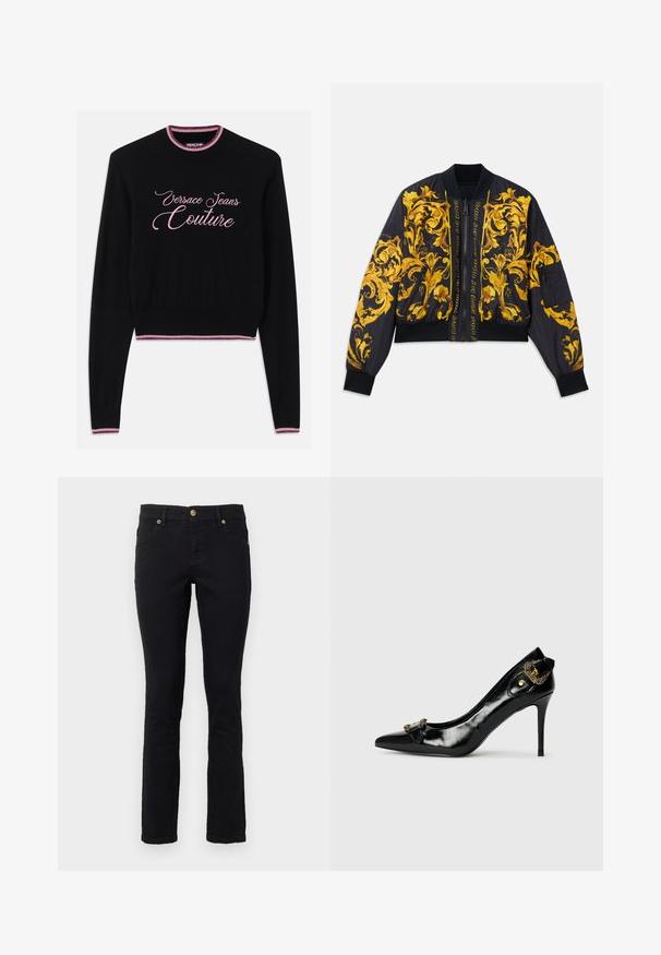 Čierna bomber bunda so zlatým kvetinovým vzorom, rebrované manžety a lem, zips a bočné vrecká. Obsahuje text loga na prednej strane.; Čierny sveter s nápisom "Versace Jeans Couture" v ružovom kurzíve. Hladký okrúhly výstrih a lem s ružovými a fialovými pruhmi. Dlhé rukávy.; Čierne džíny z denimu s rovnými nohavicami, dizajnom s piatimi vreckami, zapínaním na gombík a zlatými kovovými akcentmi. Mäkka textúra s minimálnymi detailmi.; Čierna lakovaná kožená vysoká päta s špicatou špičkou, detailom mašle na prednej strane a dekoratívnym akcentom zlatého kovu vzadu.