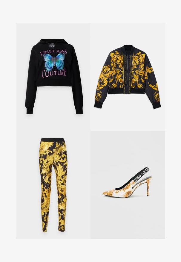 Sort bomberjakke med guld blomstermønster, ribbede manchetter og kant, lynlås lukning og sidelommer. Har logo tekst på forsiden.; Sort cropped hoodie med et blåt sommerfuglegrafik med grønne detaljer. Teksten "VERSACE JEANS COUTURE" står i metallisk pink. Blød tekstur.; Sorte leggings med udsmykkede, lyse gule og gyldne barok-inspirerede svungne mønstre og en sort talje med tekst.; Hvid og guld mønstret spids-tå slingback højhælet sko med sort elastikrem med teksten "VERSACE JEANS."