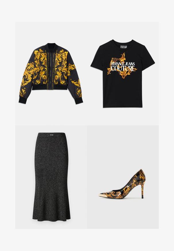 Veste bomber noire avec motif floral doré, poignets et ourlet côtelés, fermeture éclair et poches latérales. Présente un texte de logo sur le devant.; T-shirt en coton noir avec le texte blanc "VERSACE JEANS COUTURE" et un design doré orné entourant le texte, manches courtes, col rond.; Jupe midi noire côtelée en tissu extensible, avec un ourlet évasé, un léger éclat, une taille élastique, et un accent logo près du haut.; Chaussure à talon haut à bout pointu avec une surface noire brillante, ornée de motifs floraux dorés et d'un embout doré métallique.