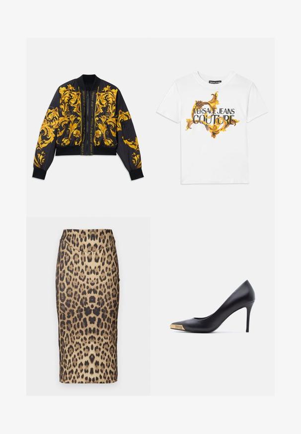 Zwarte bomberjack met gouden bloemenpatroon, ribgebreide mouw- en zoomranden, ritssluiting en zijzakken. Kenmerkt logo-tekst op de voorkant.; Witte katoenen T-shirt met een gouden en bruine barokprint, met "VERSACE JEANS COUTURE" prominent weergegeven in zwarte letters.; Een kokerrok met luipaardprint, met een aansluitend ontwerp, een middelhoge taille en een gladde textuur. Het patroon bestaat uit verschillende bruine en zwarte vlekken.; Zwarte leren pump met hoge hak en puntige neus, gouden metalen uiteinde gegraveerd met "Versace Jeans Couture," gezien vanaf de zijkant op een witte achtergrond.