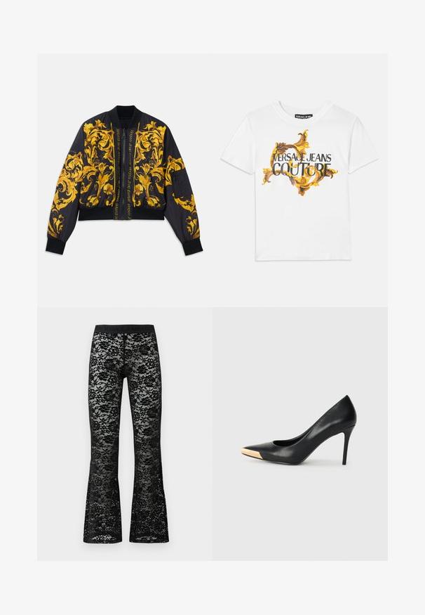 Veste bomber noire avec motif floral doré, poignets et ourlet côtelés, fermeture éclair et poches latérales. Présente un texte de logo sur le devant.; T-shirt en coton blanc avec un motif baroque doré et marron, avec "VERSACE JEANS COUTURE" affiché en lettres noires.; Pantalons évasés en dentelle noire avec un motif floral, taille élastique noire, texture transparente et silhouette ajustée.; Pompe à talon haut en cuir noir avec bout pointu ; présente une accentuation métallique dorée sur le capuchon. Surface lisse avec un design épuré.