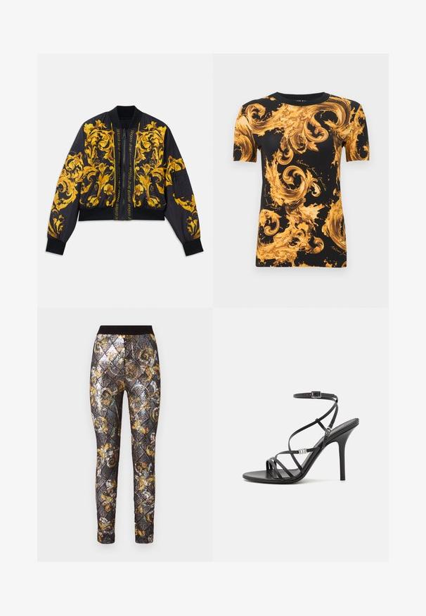 Veste bomber noire avec motif floral doré, poignets et ourlet côtelés, fermeture éclair et poches latérales. Présente un texte de logo sur le devant.; Chemise noire à manches courtes avec des motifs baroques dorés en spirale ornés et un texte cursif subtil partout.; Leggings noirs et dorés avec un motif en diamant orné de sequins, une taille élastique et des accents floraux élaborés.; Sandale noire à talons hauts avec des brides fines, une boucle à la cheville, une surface en cuir lisse et un talon aiguille élancé.