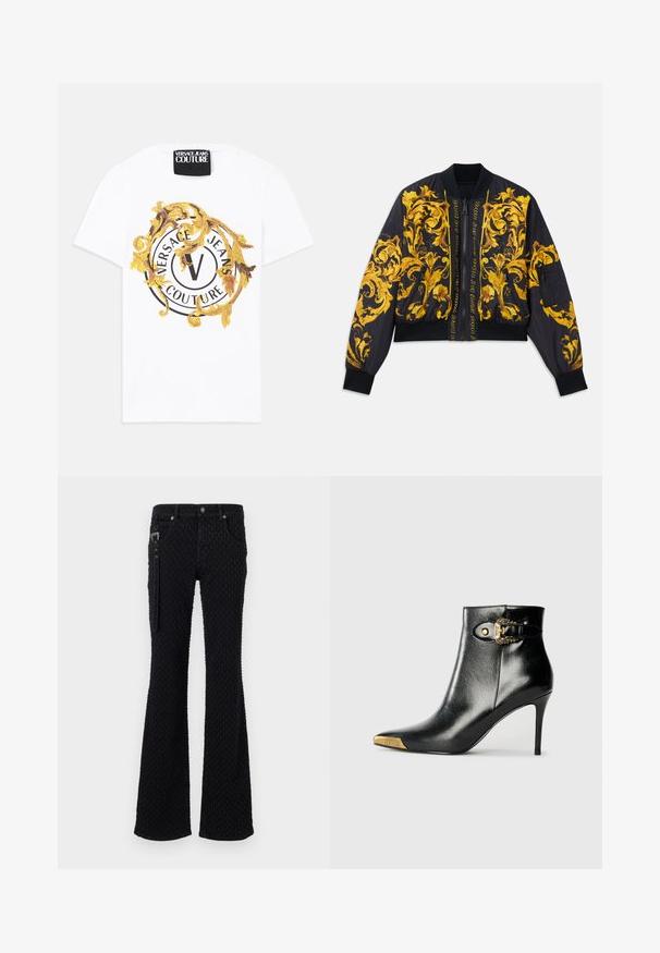 Chaqueta bomber negra con patrón floral dorado, puños y dobladillo acanalados, cierre de cremallera y bolsillos laterales. Presenta texto del logo en la parte frontal.; Camiseta blanca de algodón con un gráfico redondo que presenta motivos en negro y dorado, incluyendo un logo circular y elementos decorativos.; Jeans negros de campana con una tela texturizada y un patrón sutil, accesorios de metal plateado y bolsillos frontales. Detalle con cremallera en el costado.; Botín negro hasta el tobillo fabricado en cuero brillante, con punta puntiaguda, tacón de aguja y detalles dorados con una hebilla decorativa.