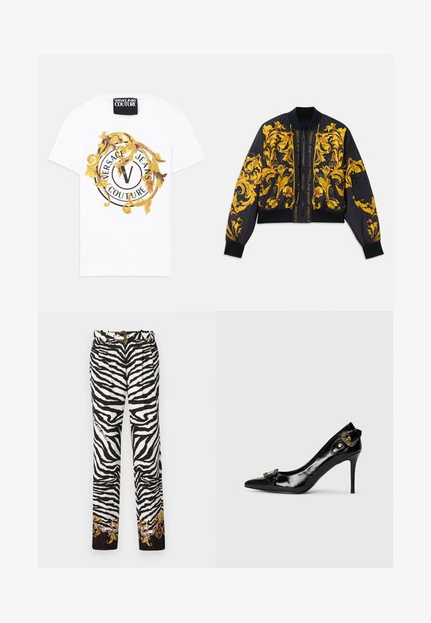 Chaqueta bomber negra con patrón floral dorado, puños y dobladillo acanalados, cierre de cremallera y bolsillos laterales. Presenta texto del logo en la parte frontal.; Camiseta blanca de algodón con un gráfico redondo que presenta motivos en negro y dorado, incluyendo un logo circular y elementos decorativos.; Pantalones de estampado de cebra en blanco y negro, con un bordado floral decorativo en el dobladillo y un cinturón con acentos dorados y hebilla.; Zapato de tacón alto de charol negro con punta afilada, detalle de lazo en la parte frontal y un acento decorativo de hardware en tono dorado en la parte trasera.