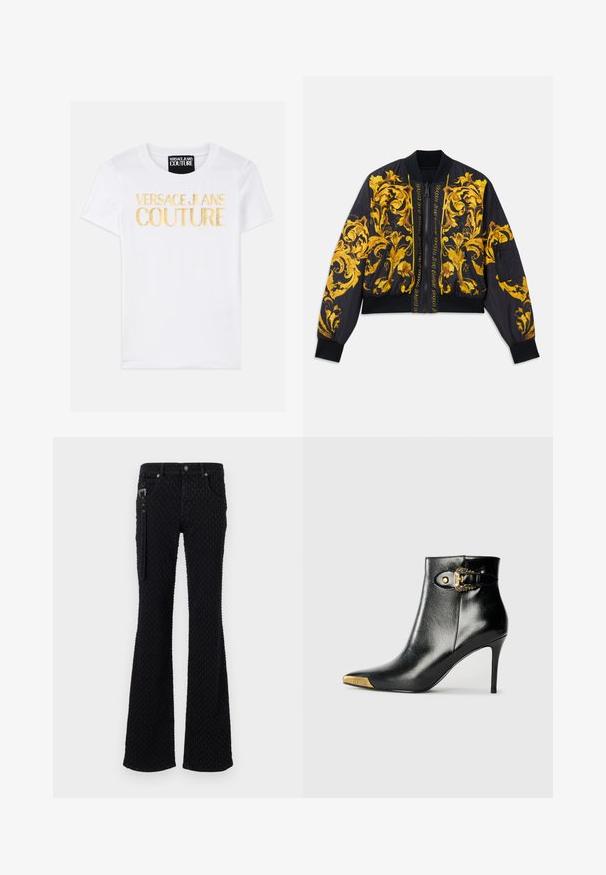Zwarte bomberjack met gouden bloemenpatroon, ribgebreide mouw- en zoomranden, ritssluiting en zijzakken. Kenmerkt logo-tekst op de voorkant.; Witte katoenen t-shirt met opvallende gouden tekst "VERSACE JEANS COUTURE" op de voorkant. Klassiek crew neck ontwerp, korte mouwen.; Zwarte uitlopende jeans met een gestructureerde stof met een subtiel patroon, zilveren hardware en voorzakken. Ritssluiting aan de zijkant.; Zwarte enkellaars van glanzend leer met een spits toelopende neus, naaldhak en goudkleurige sierhardware met een decoratieve gespdetail.