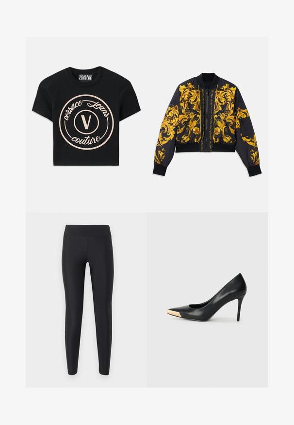Zwarte bomberjack met gouden bloemenpatroon, ribgebreide mouw- en zoomranden, ritssluiting en zijzakken. Kenmerkt logo-tekst op de voorkant.; Zwarte katoenen t-shirt met een groot beige cirkelvormig logo waarop "Versace Jeans Couture" staat en een centraal "V" in een elegante lettertype. Korte mouwen.; Zwarte, nauwsluitende legging met hoge taille, een gladde textuur, rechte pijpvorm en zonder zichtbare patronen of versieringen.; Zwarte leren hoge hak pump met een spitse neus; heeft een metallic gouden accent op de neuskap. Glad oppervlak met een stijlvolle vormgeving.