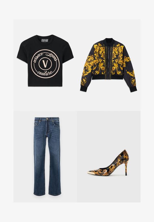 Chaqueta bomber negra con patrón floral dorado, puños y dobladillo acanalados, cierre de cremallera y bolsillos laterales. Presenta texto del logo en la parte frontal.; Camiseta de algodón negra con un gran logo circular beige que presenta "Versace Jeans Couture" y una "V" central en una fuente elegante. Con mangas cortas.; Jeans de mezclilla azul oscuro con un diseño de pierna recta, que cuentan con cinco bolsillos y cierre de botón metálico. Textura suave con ligeros detalles de desgaste.; Zapato de tacón alto con punta afilada, superficie negra brillante, adornado con patrones florales dorados y una tapa metálica dorada en la punta.