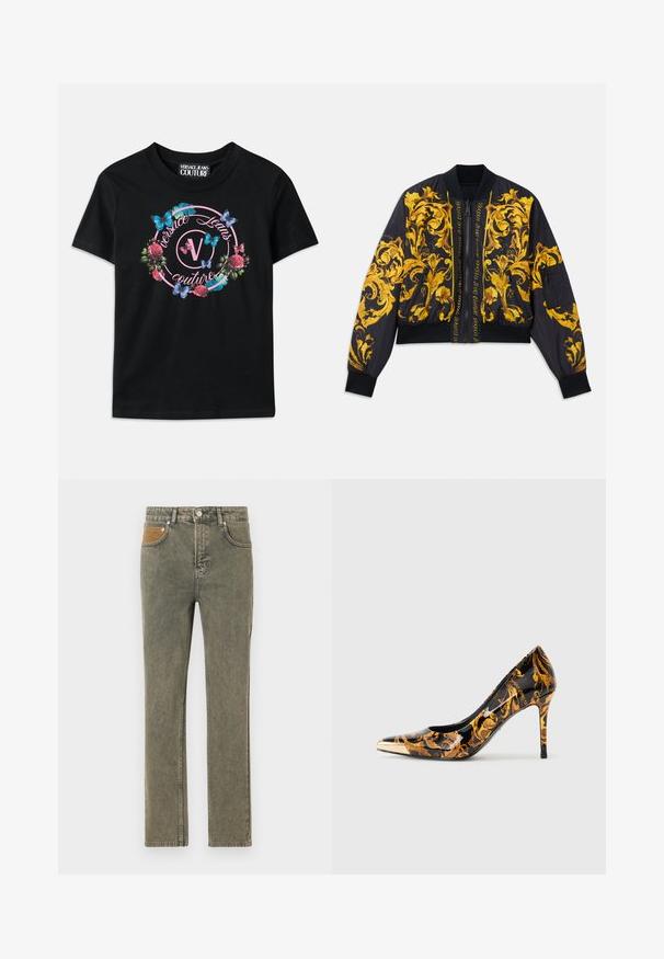 Sort bomberjakke med guld blomstermønster, ribbede manchetter og kant, lynlås lukning og sidelommer. Har logo tekst på forsiden.; Sort T-shirt med et farverigt blomster- og sommerfuglgrafik, med pink og blå accenter. "Versace Jeans Couture" trykt i et cirkulært design.; Grønne denimjeans med lige ben, der har en brun corduroy-lomme som accent og subtilt slid på hele stoffet.; Spidse højhælede sko med en glossy sort overflade, prydet med gyldne blomster mønstre og en metallisk guldkappe på tåen.