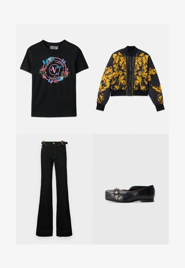 Μαύρο bomber μπουφάν με χρυσό floral σχέδιο, ραμμένα μανίκια και στρίφωμα, κλείσιμο με φερμουάρ και πλαϊνές τσέπες. Διαθέτει λογότυπο στο μπροστινό μέρος.; Μαύρη μπλούζα με γραφικό σχέδιο πολύχρωμων λουλουδιών και πεταλούδων, με ροζ και μπλε λεπτομέρειες. Ο τίτλος "Versace Jeans Couture" εκτυπωμένος σε κυκλικό σχέδιο.; Μαύρα φαρδιά τζιν με ψηλή μέση, διαθέτουν υφασμάτινη ζώνη, χρυσές λεπτομέρειες και αντίθετη λευκή ραφή κατά μήκος των ραφών.; Μαύρο δερμάτινο επίπεδο παπούτσι με τετράγωνη μύτη, ελαστική ζώνη και μεταλλικές διακοσμήσεις στο μπροστινό μέρος, διαθέτοντας λεία υφή και ελάχιστο τακούνι.