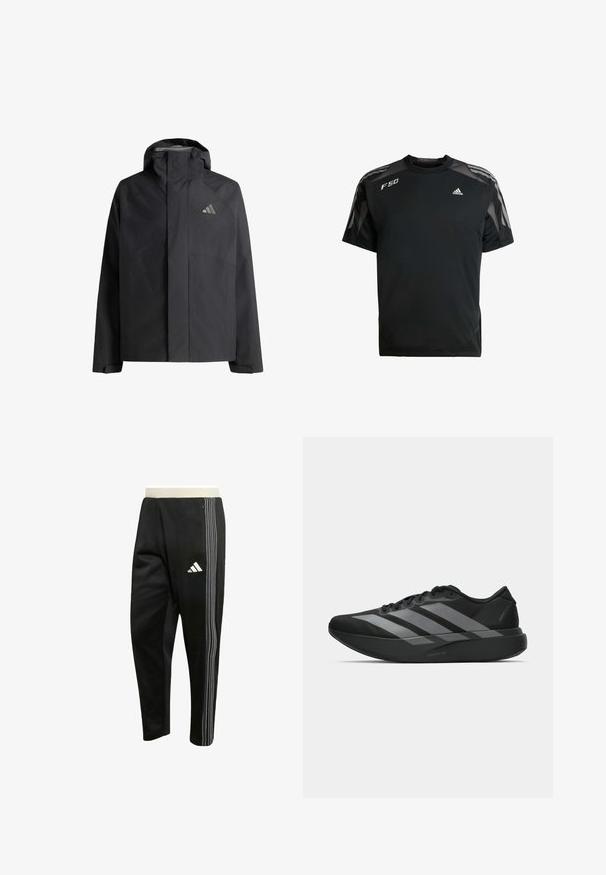 Zwarte waterdichte jas met capuchon, volledige ritssluiting aan de voorkant bedekt door een flap, lange mouwen met verstelbare manchetten en een klein reflecterend logo op de borst.; Zwarte sportieve t-shirt gemaakt van lichtgewicht stof, met mesh schouderpanelen, korte mouwen en witte adidas en F50 logo's.; Zwarte sportbroek met witte driedubbele strepen aan de zijkant, ritszak en een wit Adidas-logo op de dij.; Zwarte sportieve schoenen met een lichtgewicht ontwerp, voorzien van drie opvallende grijze strepen, een gladde textuur en een gevormde zool.