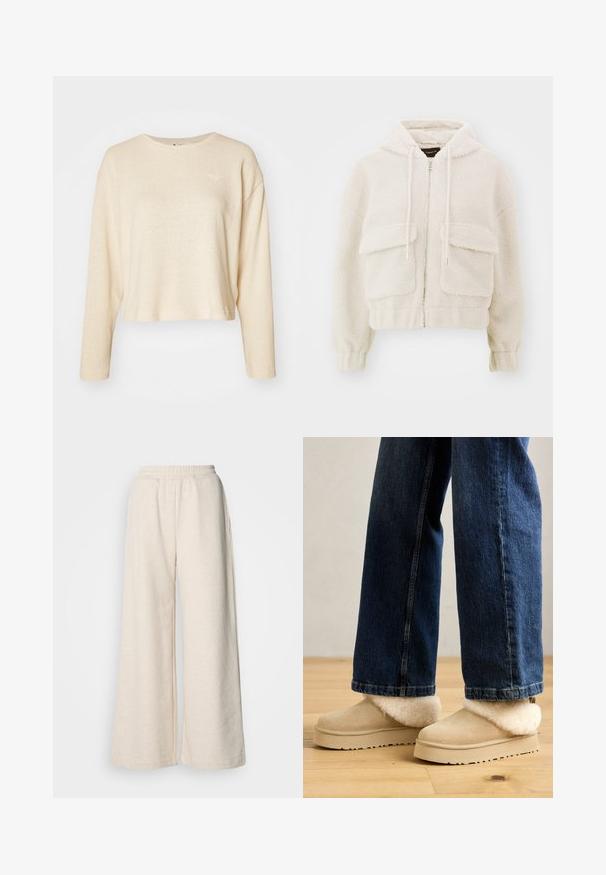 Forkortet hættetrøje i creme, lavet af struktureret fleece. Har frontlynlås, to store lapposer og snore i hætten.; Cremefarvet cropped sweater med lange ærmer, lavet af tekstureret stof. Har et lille, diskret logo på brystet og en rund halsudskæring.; Højtsiddende, vide bukser i lysebeige stof. Har en elastisk talje og sidelommer. Blød tekstur med et afslappet design.; Beige ruskinds ankelstøvler med en blød, cremefarvet pelskrave. Flad sål med en tekstureret overflade, parret med mørkeblå vide bukser.