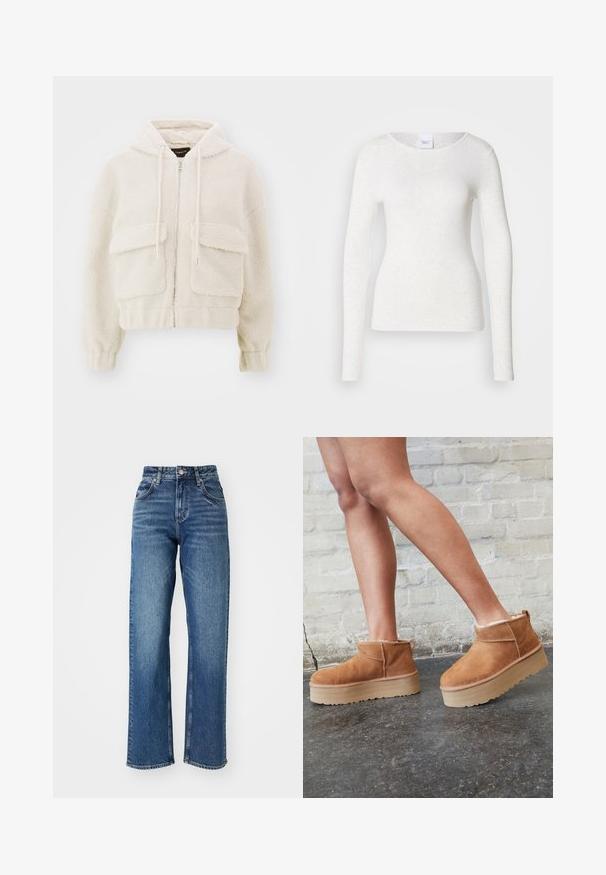Forkortet hættetrøje i creme, lavet af struktureret fleece. Har frontlynlås, to store lapposer og snore i hætten.; Hvid langærmet t-shirt i et blødt, letvægtsstof med rund halsudskæring og slank pasform, der har en diskret struktur.; Højtaljede, brede jeans lavet af blåt denim. Har fem lommer, en knaplukning og let stræk på stoffet.; Brune ruskinds ankelsko med en blød foring, tyk beige plattformsål og en bageste løkke. Tekstureret overflade med synlige sømdetaljer.