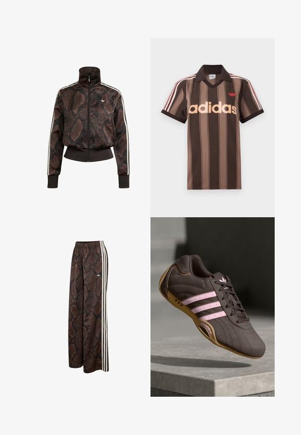 Braune und schwarze Trainingsjacke mit Schlangenhautmuster, weißen Streifen an den Ärmeln, Frontreißverschluss, gerippten Bündchen und kleinem weißen Logo auf der Brust.; Braunes gestreiftes Adidas-Poloshirt mit V-Ausschnitt, bordeauxrotem Kragen und rotem Logo. Mit weißen und roten Schulterstreifen, kurzen Ärmeln.; Weit geschnittene Hose mit braun-schwarzem Schlangenhautmuster, weißen Seitenstreifen und elastischem Bund, mit kleinem Adidas-Logo.; Braune Wildleder-Sportschuhe mit pinken Streifen und Logo, featuring eine strukturierte Oberseite, Schnürung und einer Sohle aus Gummi.