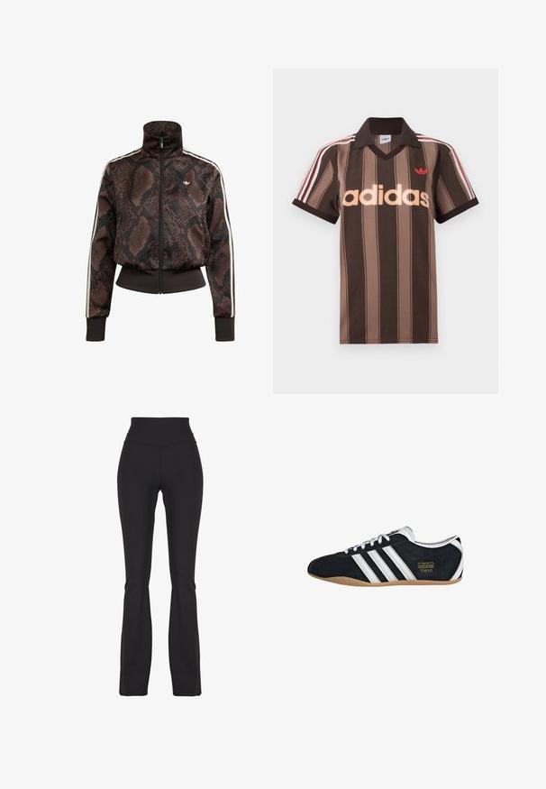 Brun og sort slangeskinds-mønstret træningsjakke med hvide striber på ærmerne, lynlås foran, ribstrikkede manchetter og lille hvidt logo på brystet.; Brunstribet Adidas polo-shirt med V-hals, bordeaux krave og rødt logo. Har hvide og røde skulderstriber samt korte ærmer.; Sorte flared leggings lavet af strækbart stof, med en høj talje og glat tekstur, designet til komfort og bevægelighed.; Sort ruskinds sneaker med hvide tre striber, guldlogo og en brun gummisål. Har et lavprofil snørebåndsdesign.