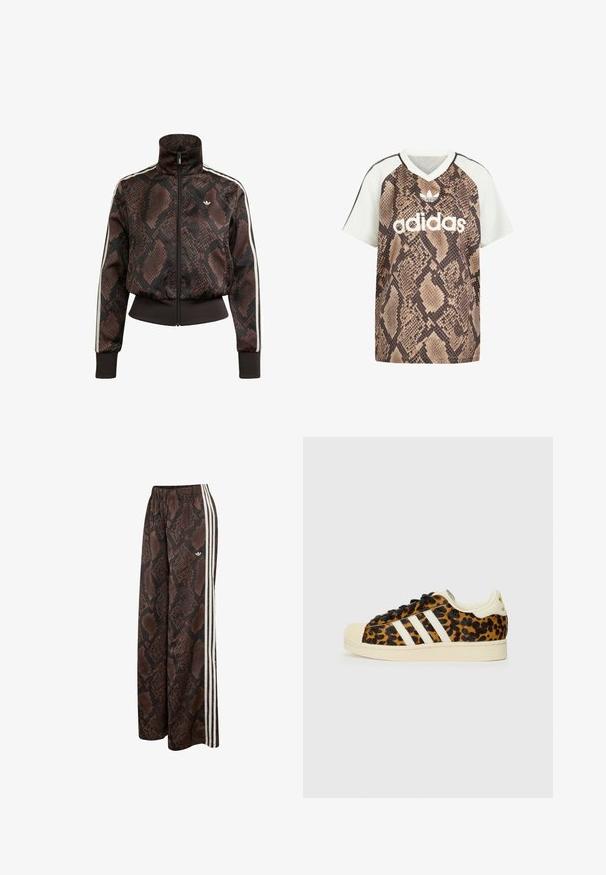 Brun og sort slangeskinds-mønstret træningsjakke med hvide striber på ærmerne, lynlås foran, ribstrikkede manchetter og lille hvidt logo på brystet.; Adidas kortærmet V-hals shirt med hvide ærmer og brun slangeprint krop, med hvid Adidas-logo og trefoil-emblem foran.; Brune og sorte slangeskindsprintede bukser med brede ben, hvide sidelommer og elastik i taljen med lille Adidas-logo.; Sneakers med leopardmønster, sorte snørebånd, hvidt design med tre striber, cremefarvet gummitå og sål samt tekstureret overmateriale.