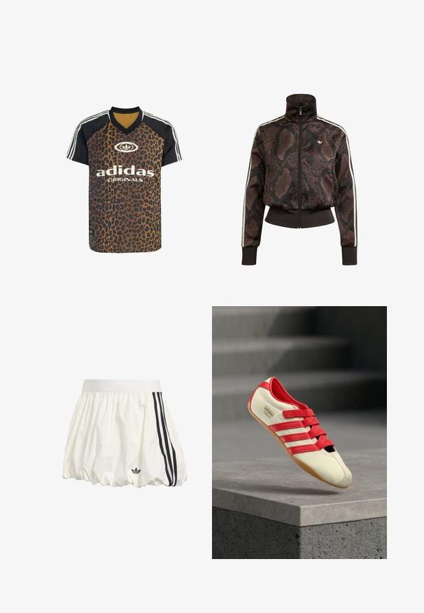 Brun og sort slangeskinds-mønstret træningsjakke med hvide striber på ærmerne, lynlås foran, ribstrikkede manchetter og lille hvidt logo på brystet.; adidas Originals LEO PRINT SATIN - T-shirts print - multicolor bronze strata; Hvid atletisk nederdel lavet af letvægtsstof, med bredt taljebånd, voluminøs form og tre sorte striber på siden.; Rød og creme atletiksko med tre røde striber, blød overdel, gummisål og velcrolukninger. Har et slankt, lavprofildesign.