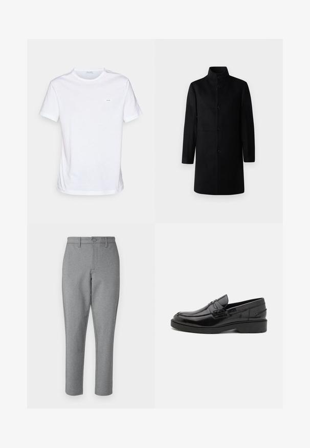 Zwarte wollen jas met een hoge hals, lange mouwen, vijf frontknopen en een rechte snit. Geen zichtbare patronen of accenten.; Witte katoenen t-shirt met korte mouwen, ronde hals, en een klein merklabel op de borst. Gladde textuur en minimalistisch ontwerp.; Grijze op maat gemaakte broeken met een subtiele textuur, rechte snit en een sluiting met een knoop aan de voorkant. Voorzien van riemlussen en zijzakken.; Zwarte leren instappers met een gladde afwerking, ronde neus, lage hak en decoratieve stiksels aan de voorkant. Rubberen buitenzool voor grip.