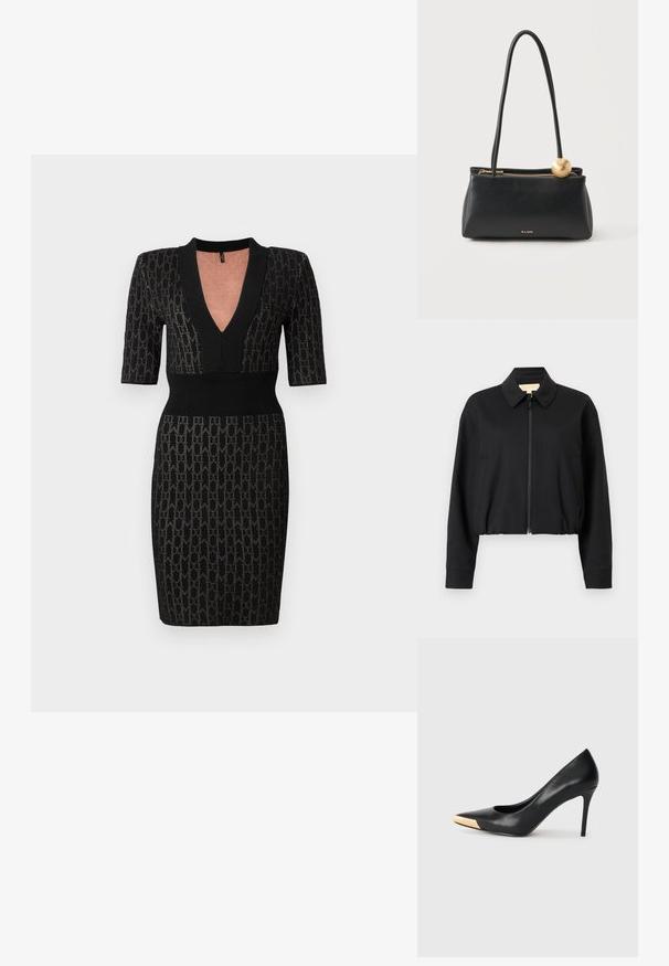 Zwarte cropped jas met een kraag, een ritssluiting aan de voorkant en twee steekzakken aan de zijkanten. Gemaakt van glad, lichtgewicht stof.; Zwarte gebreide jurk met een diepe V-hals, korte mouwen en een getailleerde bodice. Bevat een textuurpatroon en ribbelaccenten bij de halslijn en taille.; Zwarte leren hoge hak pump met een spitse neus; heeft een metallic gouden accent op de neuskap. Glad oppervlak met een stijlvolle vormgeving.; Zwarte rechthoekige leren handtas met lange hengsels, gouden rits, gouden bolvormige hanger en klein ALDO-logo op het midden van de voorkant.