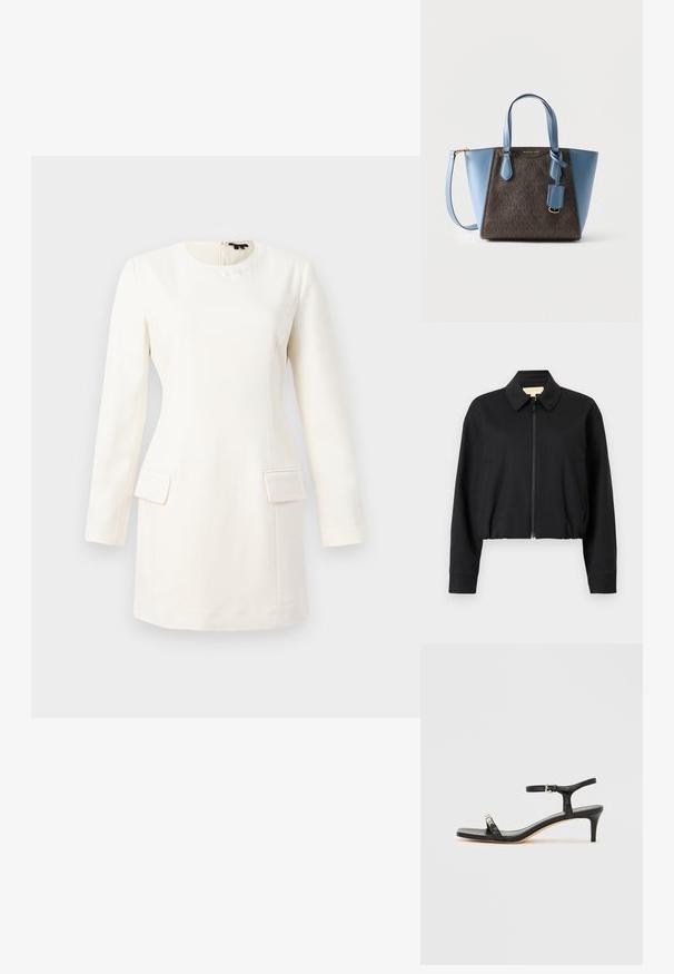 Sort cropped jakke med krave, lynlås foran og to sidelommer. Fremstillet af glat, let stof.; Hvid langærmet kjole med rund halsudskæring, tætsiddende silhuet, to forlommer og et subtilt præg af logo nær halsen. Glat stoftekstur.; Sort læder sandal med hæl og ankelrem, åben tå, firkantet front og sølvfarvede metalaccenter. Figurformet design med en slank profil.; Michael Kors shopper-taske med mørkebrun tekstureret midte, lyseblå lædersider, to håndtag og aftagelig skulderrem.