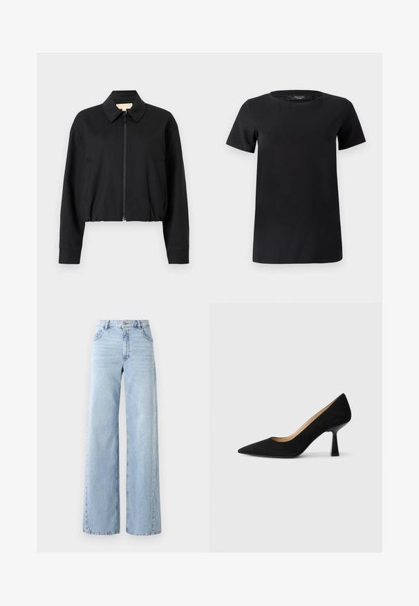 Schwarze, kurz geschnittene Jacke mit Kragen, vorderem Reißverschluss und zwei Seitentaschen. Hergestellt aus glattem, leichtem Stoff.; Schwarzes kurzärmeliges T-Shirt aus weichem Baumwollstoff mit rundem Ausschnitt und einfachem, klassischem Design ohne Verzierungen.; Weite helle blaue Jeans mit hoher Taille, fünf Taschen und ausgewaschenem Look. Verfügt über gesteppte Details und einen geraden Schnitt am Saum.; Schwarze Wildleder-Pumps mit hohem Absatz und spitzer Zehenform, ausgestattet mit einem glänzenden schwarzen Blockabsatz und einem glatten Innenfutter.