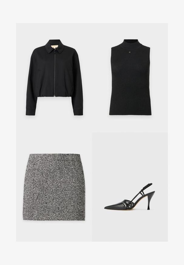 Sort cropped jakke med krave, lynlås foran og to sidelommer. Fremstillet af glat, let stof.; Sort ribbet turtleneck top uden ærmer med lille guld "AX" logo centreret under halsudskæringen på en lys ensfarvet baggrund.; Sort-hvid tweed tekstureret mininederdel med en lige snit og højt talje-design på en flad lys baggrund.; Sort læder højhælede slingback-sko med spids tå, crisscross-remdesign og slank stiletto-hæl. Glat tekstur og minimale accenter.