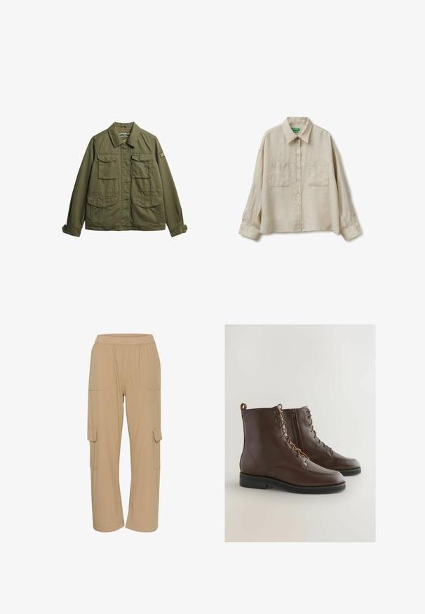 Chaqueta verde oliva hecha de tejido ligero, con cuello tipo solapa, dos bolsillos en el pecho y puños abotonados. Logo de la marca en la manga.; Camisa beige de manga larga con botones, dos bolsillos en el pecho y cuello clásico, hecha de una tela ligera.; Pantalones cargo beige con una cintura elástica, bolsillos laterales y un corte relajado. Fabricados con un tejido ligero y texturizado.; Botines de piel marrón con punta redondeada, cordones y cremallera lateral, con un diseño cosido y una suela baja de goma negra.