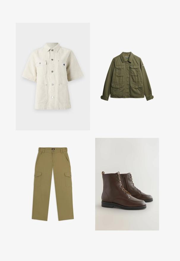 Chaqueta verde oliva hecha de tejido ligero, con cuello tipo solapa, dos bolsillos en el pecho y puños abotonados. Logo de la marca en la manga.; Camisa de manga corta en tejido beige claro, con cuello de punta, botones en el frente, dos bolsillos en el pecho y un pequeño parche con el logo a la izquierda.; Pantalones cargo verde oliva con corte recto, bolsillos de solapa en cada pierna y cierre de botón en la cintura. Fabricados con tela duradera.; Botines de piel marrón con punta redondeada, cordones y cremallera lateral, con un diseño cosido y una suela baja de goma negra.