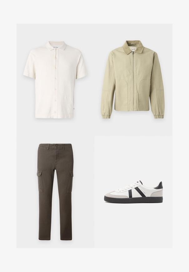 Only & Sons ONSERIK JACKET - Veste mi-saison - twill; Polo à manches courtes en blanc cassé, avec un tissu texturé, des boutons de fermeture et un col classique. Style simple et polyvalent.; Jack & Jones Cargo Tapered Fit - Pantalon cargo - beluga; Baskets blanches avec des accents noirs et gris, présentant un embout texturé gris, une semelle en caoutchouc noir et des lacets plats blancs. Design épuré, style minimaliste.