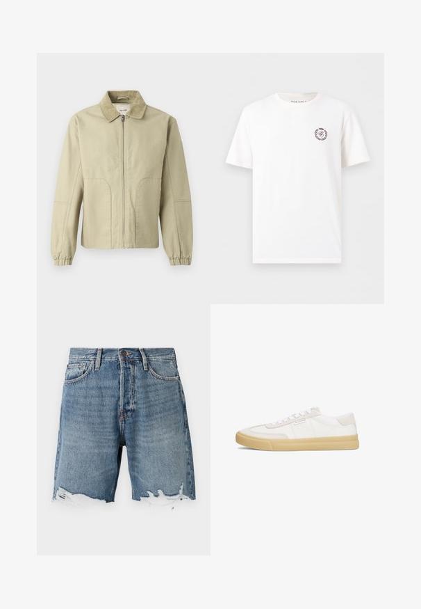 Only & Sons ONSERIK JACKET - Overgangsjakke - twill; Hvid kortærmet t-shirt med rund hals og lille mørkerødt skjoldlogo på venstre bryst med bogstaver og laurbærkrans.; Lys blå denimshorts med en slidt kant, fem-lomme design og synlig syning. Har en knaplukning i taljen.; Hvide sneakers lavet af læder og ruskind, med snørestropper, en tan gummisål og et lille logo på siden.