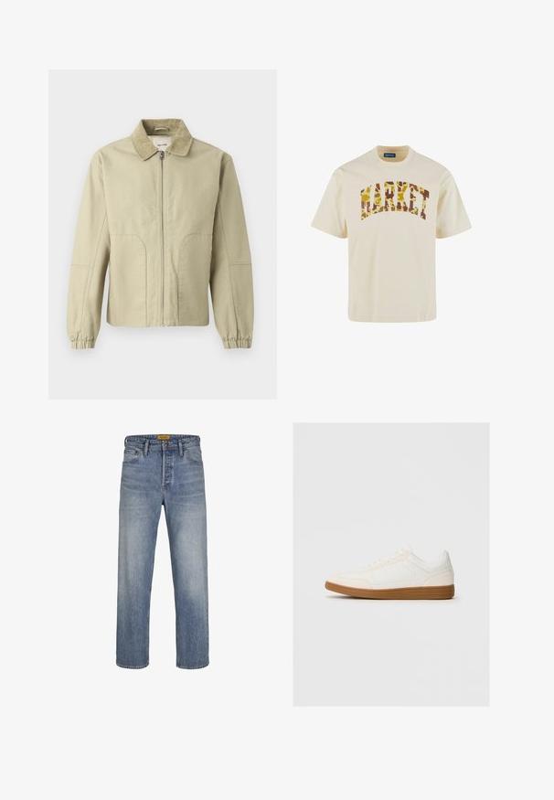 Only & Sons ONSERIK JACKET - Jas - twill; Beige katoenen t-shirt met een gebogen "MARKET" grafische print in camouflage met bruine en gele tinten. Korte mouwen, ronde hals.; Lichtblauwe rechte jeans gemaakt van denim, met een vervaagde wassing, vijf zakken, riemlussen en een rits met knoopsluiting.; Witte sneaker met een suède neus, een glad synthetisch bovenwerk en een tan rubberen zool. Beschikt over perforaties aan de zijkanten voor ventilatie.
