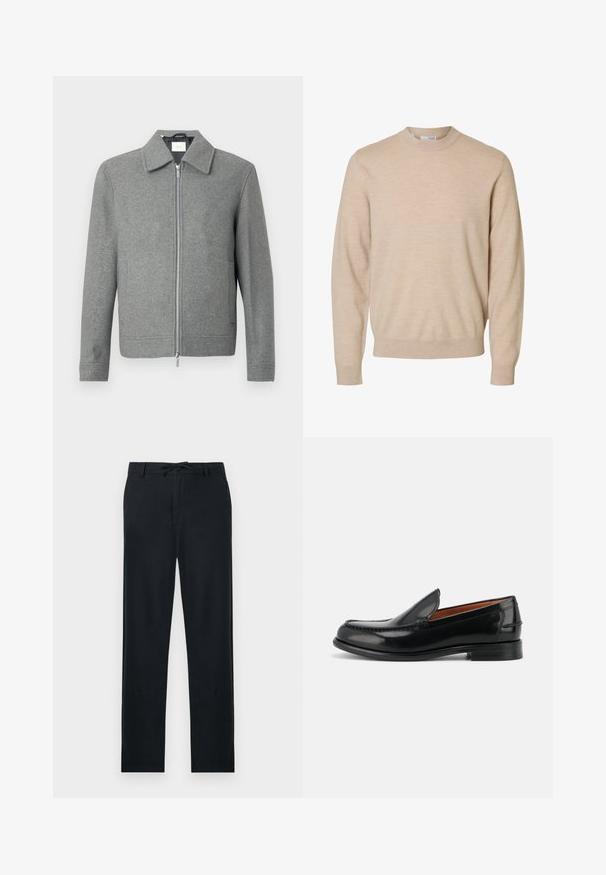 Chaqueta de lana gris de manga larga con cremallera plateada frontal y cuello clásico, exhibida sobre un fondo blanco.; Jersey beige de manga larga y cuello redondo, hecho de tela de punto suave, con puños y dobladillo acanalados, diseñado para hombres.; Pantalones negros de material ligero, con corte recto, cintura ajustable con cordón y dos bolsillos laterales.; Mocasín negro de cuero pulido, tipo slip-on, con tacón bajo y detalles cosidos a lo largo de la puntera y los costados, mostrado de lado.