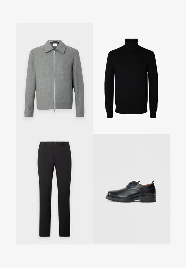 Grå langærmet uldjakke med sølvfarvet lynlås foran og klassisk krave, præsenteret på en hvid baggrund.; Sort langærmet rullekrave sweater med rib manchetter og kant, vist på en ensartet hvid baggrund.; Sorte skræddersyede bukser med lige ben, som har knaplukning og bæltestropper. Fremstillet i glat stof uden synlige mønstre.; Sorte læder derby-sko med en glat overflade, rund tå, snøre-design og en tyk, robust gummisål.
