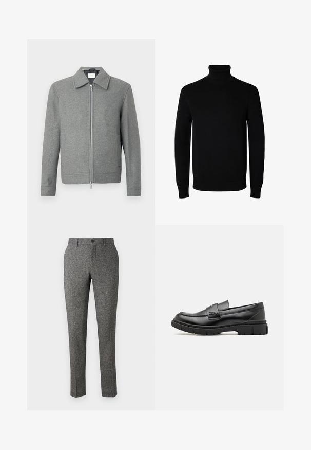 Grajanger Wolljacke mit langen Ärmeln, Front-Reißverschluss in Silber und klassischem Kragen, auf einem weißen Hintergrund präsentiert.; Schwarzer Langarm-Rollkragenpullover mit gerippten Bündchen und Saum, auf einem schlichten weißen Hintergrund dargestellt.; Lindbergh PANTS - Stoffhose - brown; Schwarze Lederloafer mit einem breiten Riemen über dem Rist, Gummisohle mit dicken Profilen und glatter Textur. Klassisches, schlankes Design.