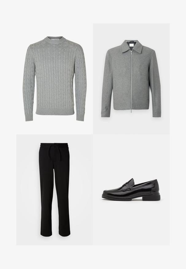 Chaqueta de lana gris de manga larga con cremallera plateada frontal y cuello clásico, exhibida sobre un fondo blanco.; Suéter de punto gris claro con diseño de cable, cuello redondo y puños y dobladillo acanalados. Hecho de tela suave y texturizada.; Pantalones de chándal negros con cinturilla ajustable, hechos de tela suave y elástica. Presentan un corte relajado con piernas rectas y sin bolsillos visibles.; Mocasines de cuero negro con punta redondeada, que presentan un detalle cosido a través del empeine y un tacón bajo y cuadrado. Textura suave y acabado brillante.