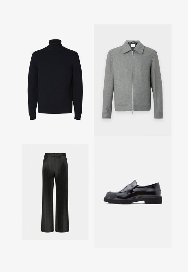 Grå langærmet uldjakke med sølvfarvet lynlås foran og klassisk krave, præsenteret på en hvid baggrund.; Sort langærmet strikket rullekrave sweater med ribstrikkede ærmekant og kant, vist på hvid baggrund.; Sorte bukser med vide ben og hvide lodrette prikstriber, knap og bæltestropper i taljen.; Sorte læder slip-on sko med et slankt design, rund tå og en tyk, struktureret gummisål. Har en dekorativ rem på tværs foran.