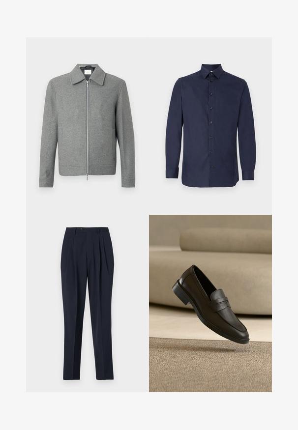 Chaqueta de lana gris de manga larga con cremallera plateada frontal y cuello clásico, exhibida sobre un fondo blanco.; Camisa de botonadura en azul marino, hecha de una tela suave, con cuello clásico, mangas largas y siete botones negros en el frente.; Pantalones de marine con cintura alta, frente plisado y cierre de botón único. La tela parece suave con un ajuste entallado y un diseño de pierna recta.; Zapato mocasín de cuero negro descansando sobre una alfombra beige con un sofá beige curvado en el fondo.