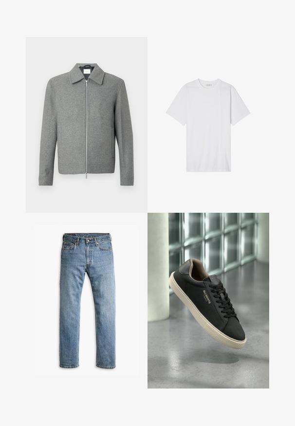 Grå langærmet uldjakke med sølvfarvet lynlås foran og klassisk krave, præsenteret på en hvid baggrund.; Hvid bomulds t-shirt med rund halsudskæring, korte ærmer og en afslappet pasform; glat tekstur med rene kanter og uden mønstre eller udsmykninger.; Blå straight-leg denim jeans med fem lommer, bæltestropper og metalknaplukning på en hvid baggrund.; Sort lavtop sneaker med beige sål og snørebånd, "ALLSAINTS LONDON" logo på siden, svævende over poleret betongulv med glasblokvæg i baggrunden.