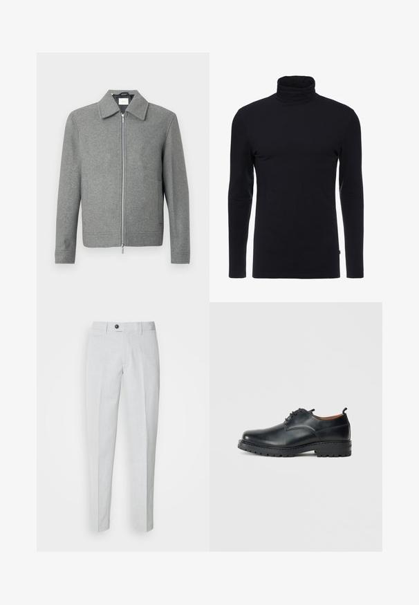 Grå langærmet uldjakke med sølvfarvet lynlås foran og klassisk krave, præsenteret på en hvid baggrund.; Sort langærmet turtleneck skjorte lavet af blødt, strækbart stof. Har et tætsiddende design og en glat tekstur. Ingen synlige mønstre eller accenter.; Lys grå bukser lavet af tekstureret stof, med knaplukning, flad front og smalle ben for en strømlinet pasform.; Sorte læder derby-sko med en glat overflade, rund tå, snøre-design og en tyk, robust gummisål.