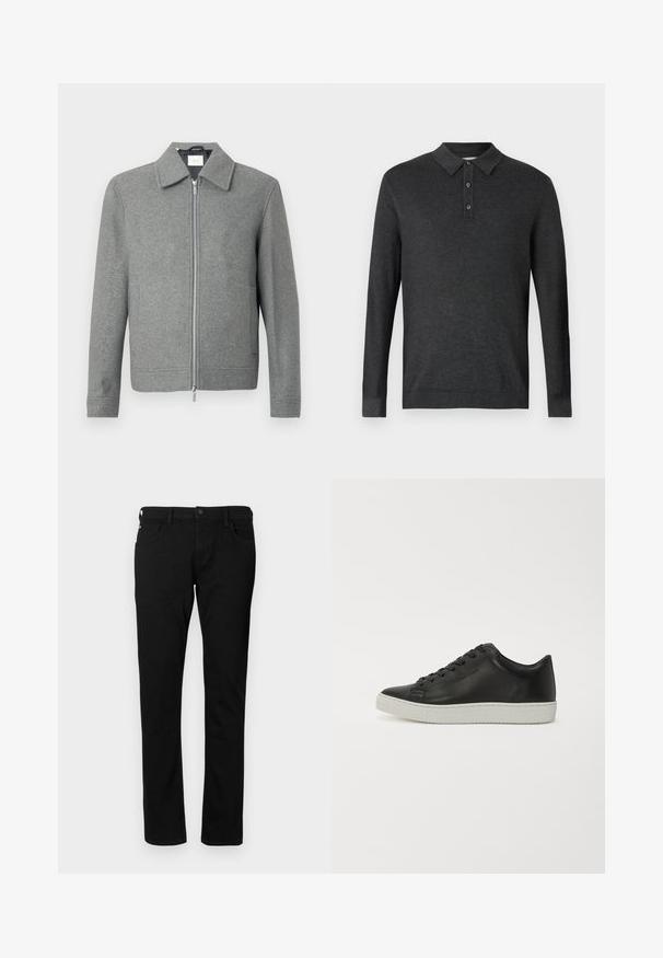 Grå langærmet uldjakke med sølvfarvet lynlås foran og klassisk krave, præsenteret på en hvid baggrund.; TOM TAILOR COSY - Poloshirts - black grey; Sorte denim jeans med en slim fit, der har forlommer, bæltestropper og en knaplukning. Glat tekstur med en ensfarvet overflade.; Sorte lædersneakers med rund tå, flad hvid gummisål og seks huller til snørebånd. Glat overflade, minimalistisk stil.