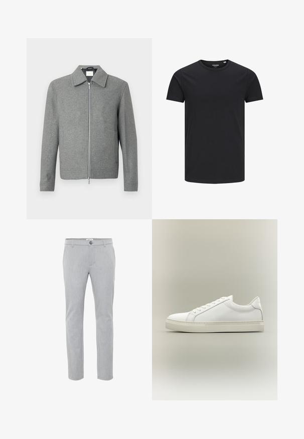 Grå langærmet uldjakke med sølvfarvet lynlås foran og klassisk krave, præsenteret på en hvid baggrund.; Sort bomulds T-shirt med rund hals, korte ærmer og et enkelt design. Glat tekstur, ingen mønstre eller synligt tilbehør.; Lysegrå bukser lavet af vævet stof, med flad front, knaplukning og lige ben. Rene linjer og minimal dekoration.; Hvid lavtop sneaker med snørebånd foran og tyk sål, vist fra siden mod en neutral baggrund.